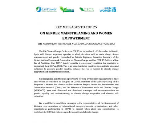 KEY MESSAGES TO COP 25 ON GENDER MAINSTREAMING AND WOMEN EMPOWERMENT
